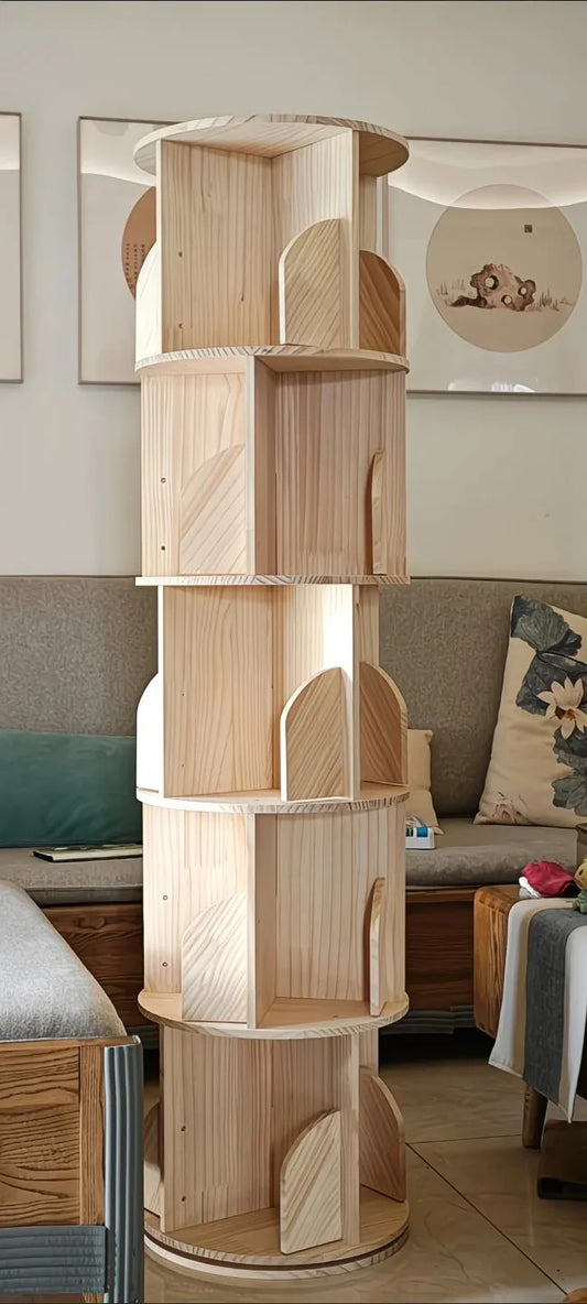 360 Degree Rotatable Solid Wood Bookshelf Simple Home Storage Rack Easy Assembly Living Room Bookcase for Household Use