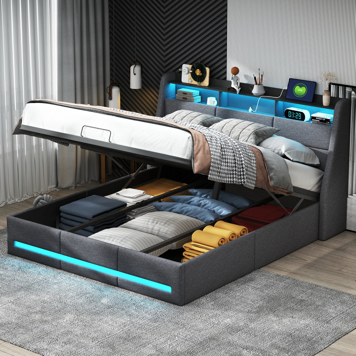 Upholstery bed 140/160*200, double bed with storage room and disc frame, LED headplate with USB charging function