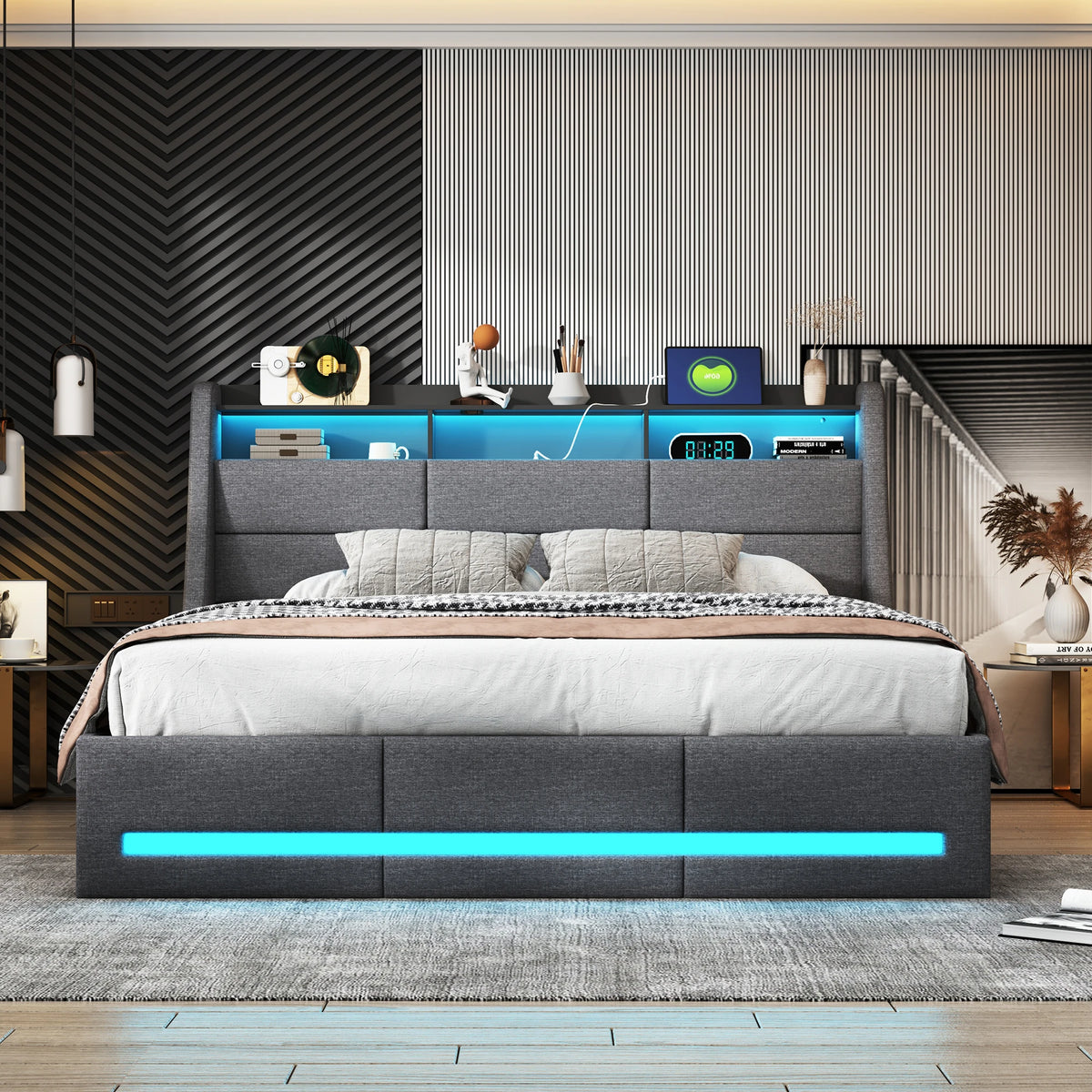 Upholstery bed 140/160*200, double bed with storage room and disc frame, LED headplate with USB charging function