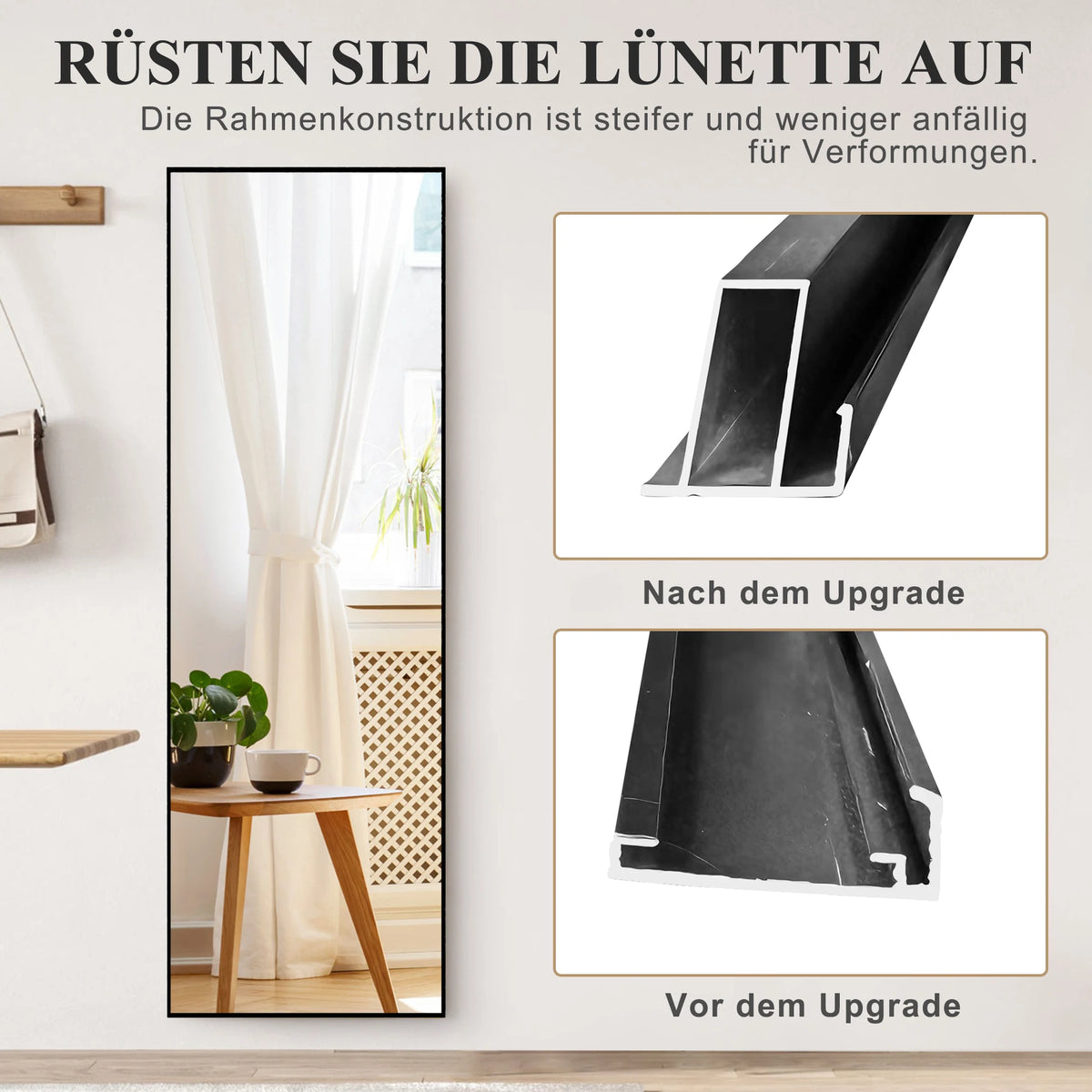 Full-Length Mirror, 164x54 cm, Framed Upright Mirror, Square Floor Mirror, Can Be Wall-Mounted, Reclined, or Placed on the Floor; Suitable for Bedrooms, Living Rooms, and Dressing Rooms