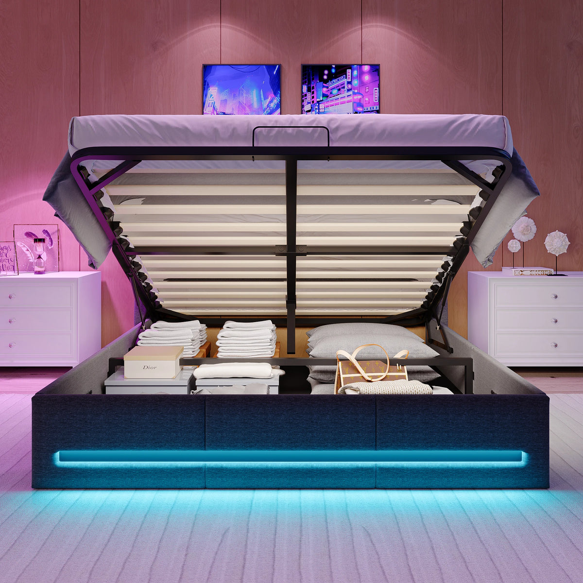 Upholstery bed 140/160*200, double bed with storage room and disc frame, LED headplate with USB charging function