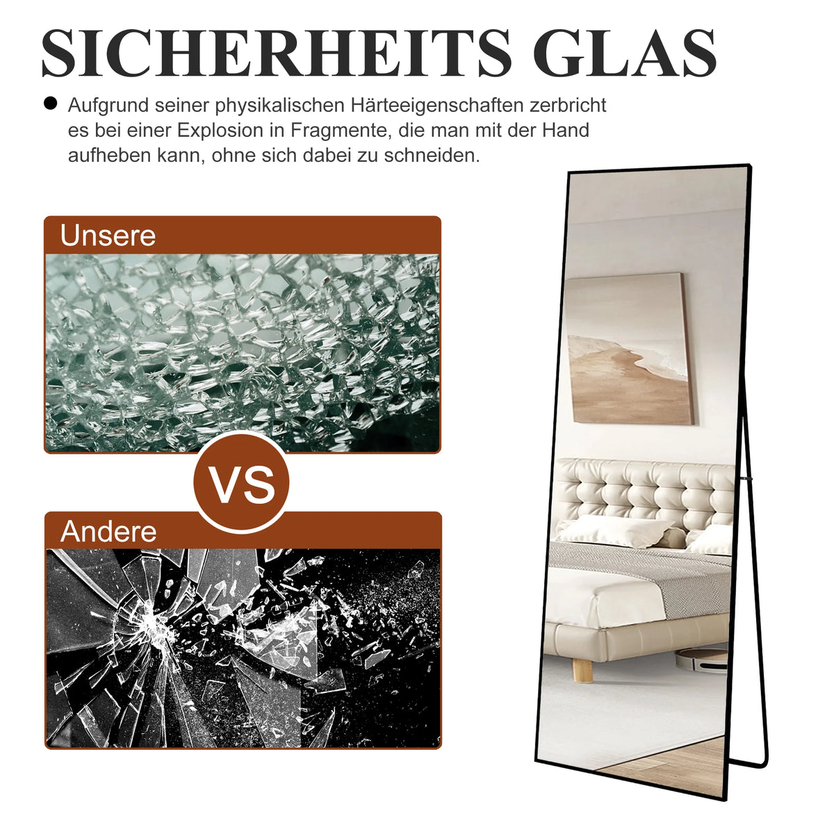 Full-Length Mirror, 164x54 cm, Framed Upright Mirror, Square Floor Mirror, Can Be Wall-Mounted, Reclined, or Placed on the Floor; Suitable for Bedrooms, Living Rooms, and Dressing Rooms