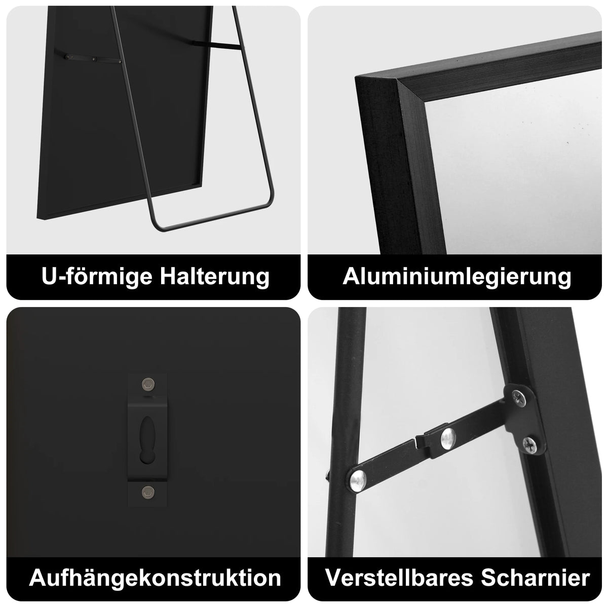 Full-Length Mirror, 164x54 cm, Framed Upright Mirror, Square Floor Mirror, Can Be Wall-Mounted, Reclined, or Placed on the Floor; Suitable for Bedrooms, Living Rooms, and Dressing Rooms