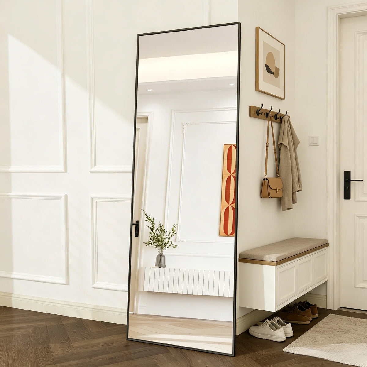 Full-Length Mirror, 164x54 cm, Framed Upright Mirror, Square Floor Mirror, Can Be Wall-Mounted, Reclined, or Placed on the Floor; Suitable for Bedrooms, Living Rooms, and Dressing Rooms