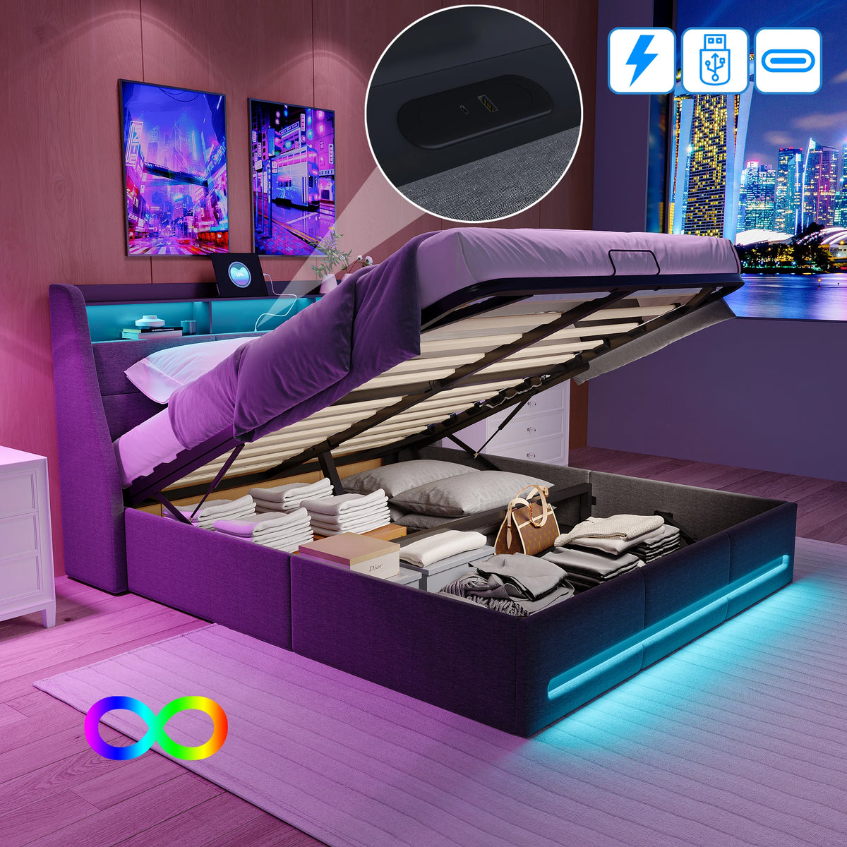 Upholstery bed 140/160*200, double bed with storage room and disc frame, LED headplate with USB charging function