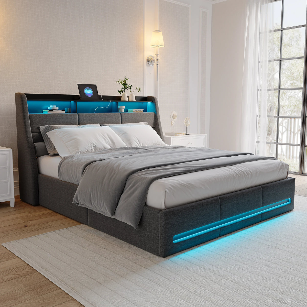 Upholstery bed 140/160*200, double bed with storage room and disc frame, LED headplate with USB charging function