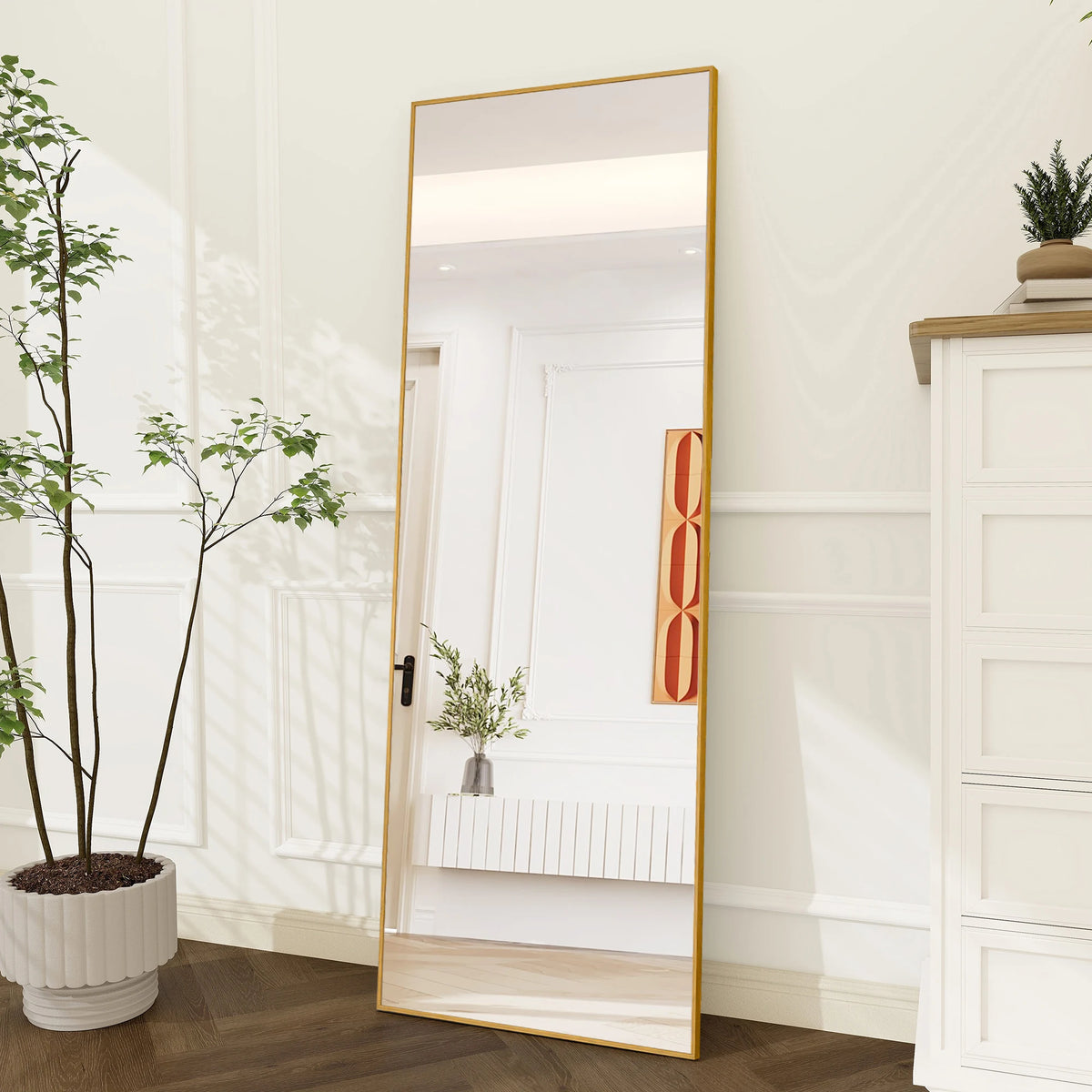 Full-Length Mirror, 164x54 cm, Framed Upright Mirror, Square Floor Mirror, Can Be Wall-Mounted, Reclined, or Placed on the Floor; Suitable for Bedrooms, Living Rooms, and Dressing Rooms