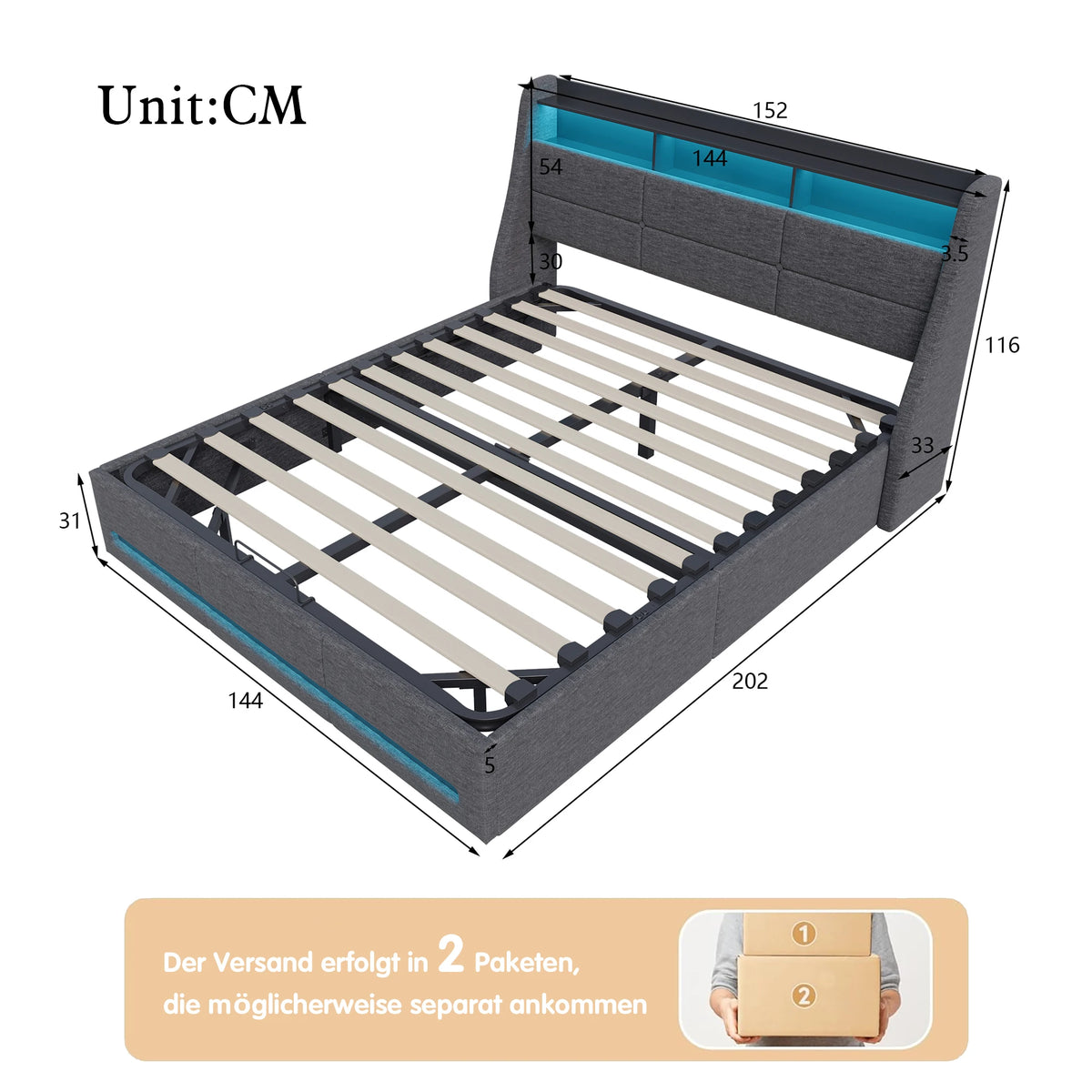 Upholstery bed 140/160*200, double bed with storage room and disc frame, LED headplate with USB charging function