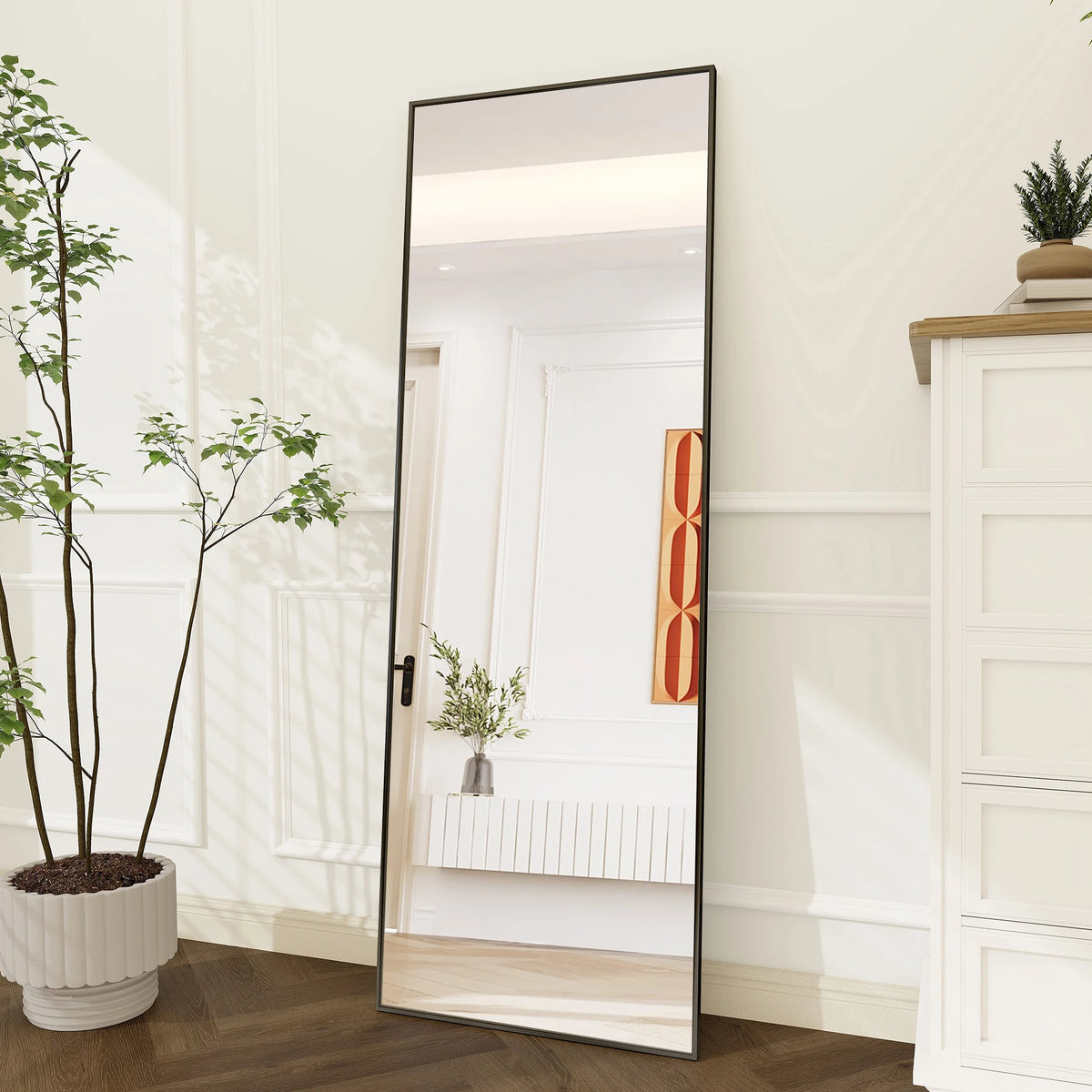 Full-Length Mirror, 164x54 cm, Framed Upright Mirror, Square Floor Mirror, Can Be Wall-Mounted, Reclined, or Placed on the Floor; Suitable for Bedrooms, Living Rooms, and Dressing Rooms