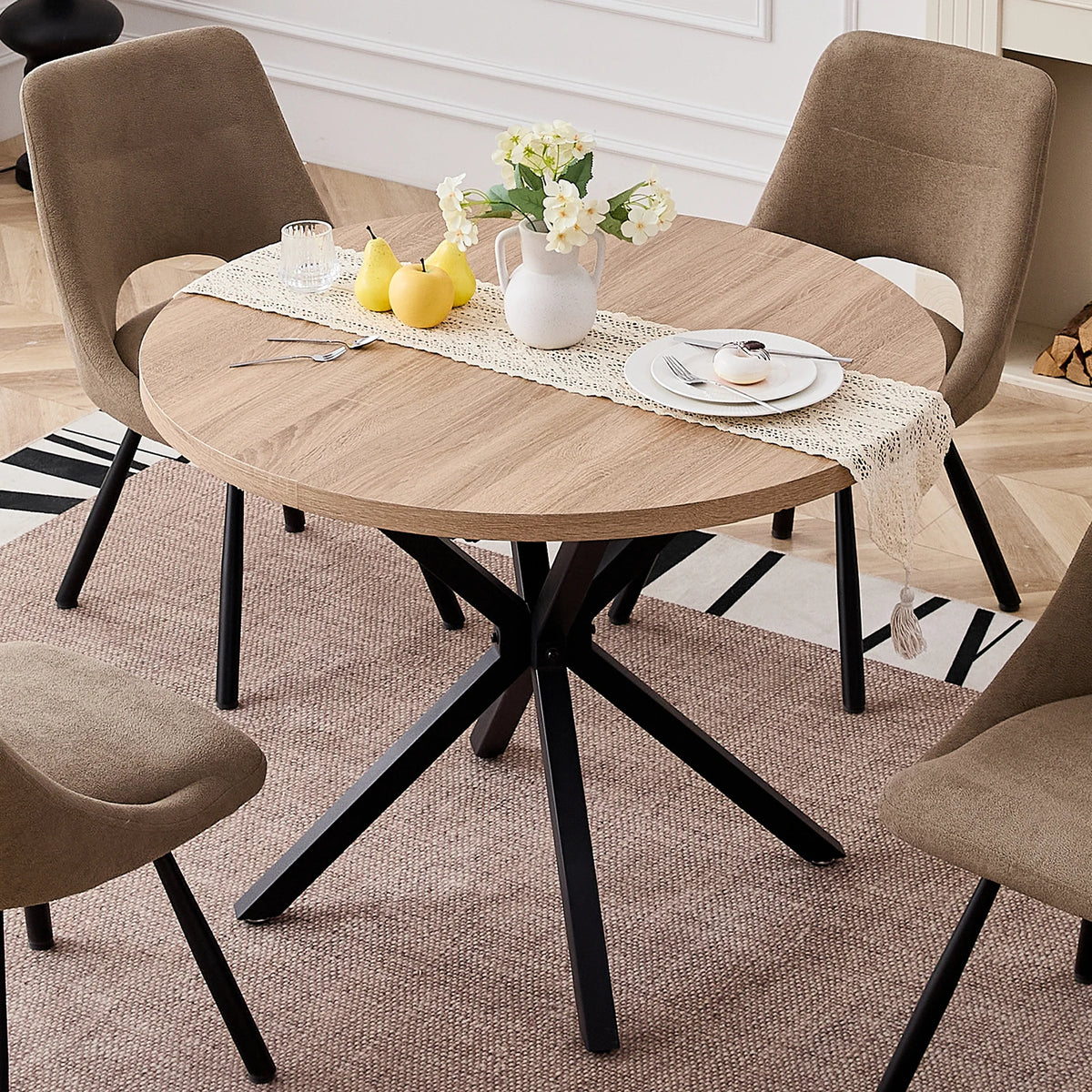 EGOONM Nordic Round Table Solid Wood Table with Wooden Lid and Steel Frame Coffee Tables Living Room Office Home Furniture 100CM