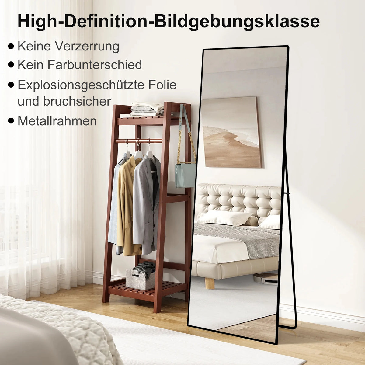Full-Length Mirror, 164x54 cm, Framed Upright Mirror, Square Floor Mirror, Can Be Wall-Mounted, Reclined, or Placed on the Floor; Suitable for Bedrooms, Living Rooms, and Dressing Rooms