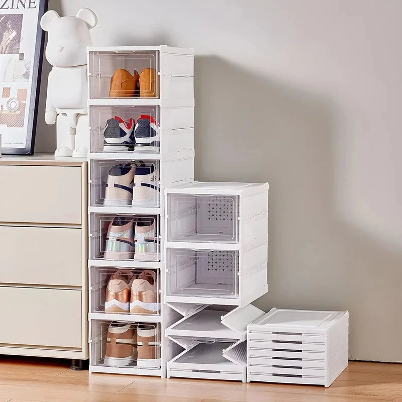 1/3/6 Layers Foldable Shoes Storage Box Transparent Sneaker Shoes Box Stackable Dustproof Cabinet Shoe Organizers Rack Shelf