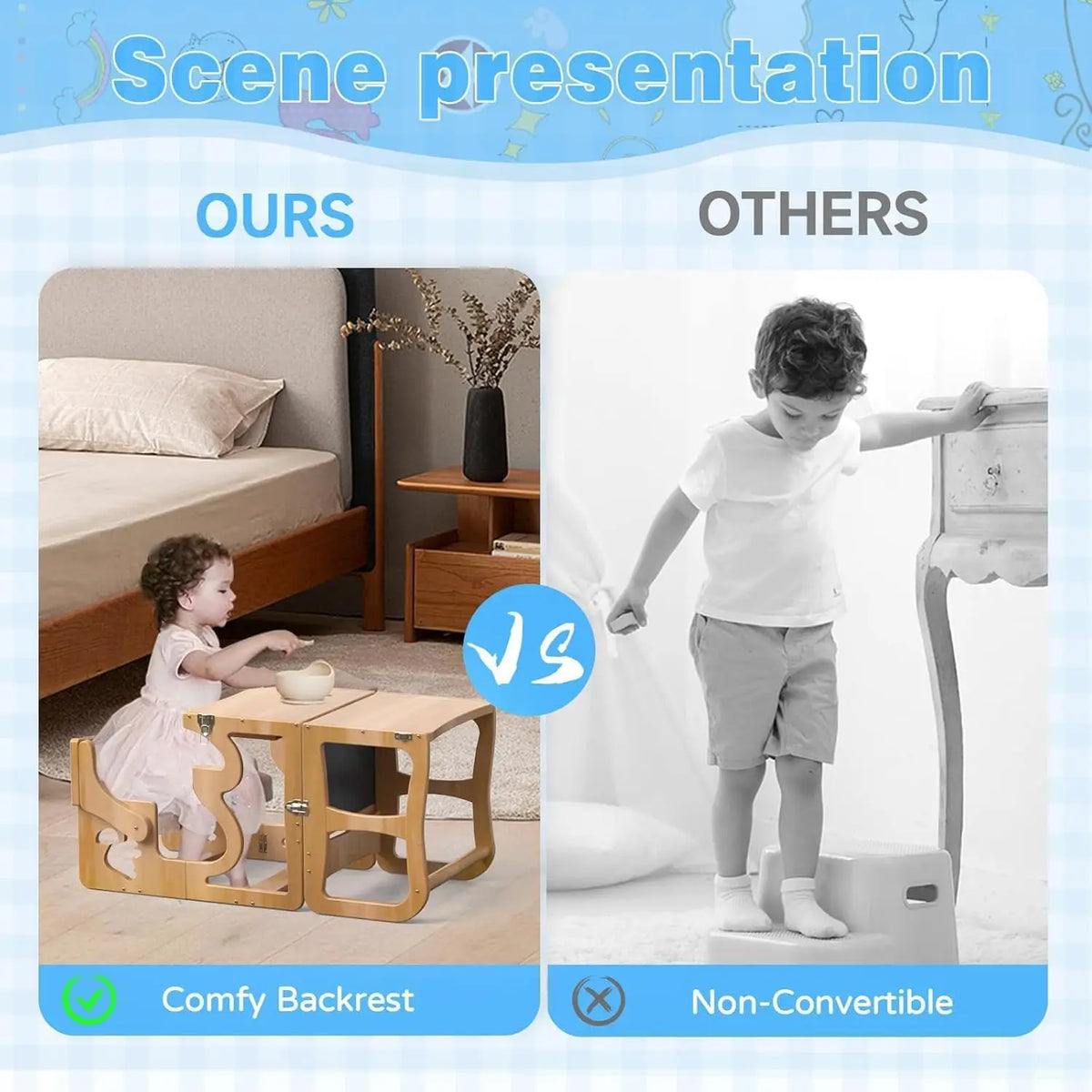 Montessori Learning Tower 4 in 1 Child Observation Tower Foldable with Blackboard Wooden Kids Kitchen Stool Gifts for Boys Girls 1-3 Years Old