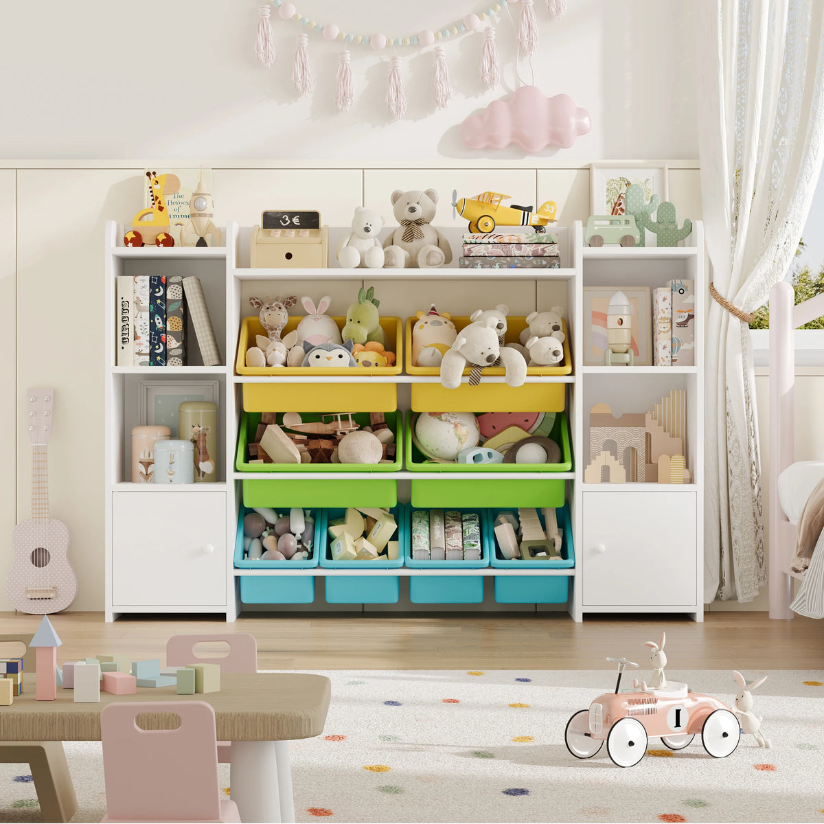 Getone Toy Storage Unit Children's Bookcase Toy Organiser Kids Storage with 8 Removable Boxes and Storage Shelves for Living Room Playroom Bedroom 138.8 x 29.6 x 94.3 cm
