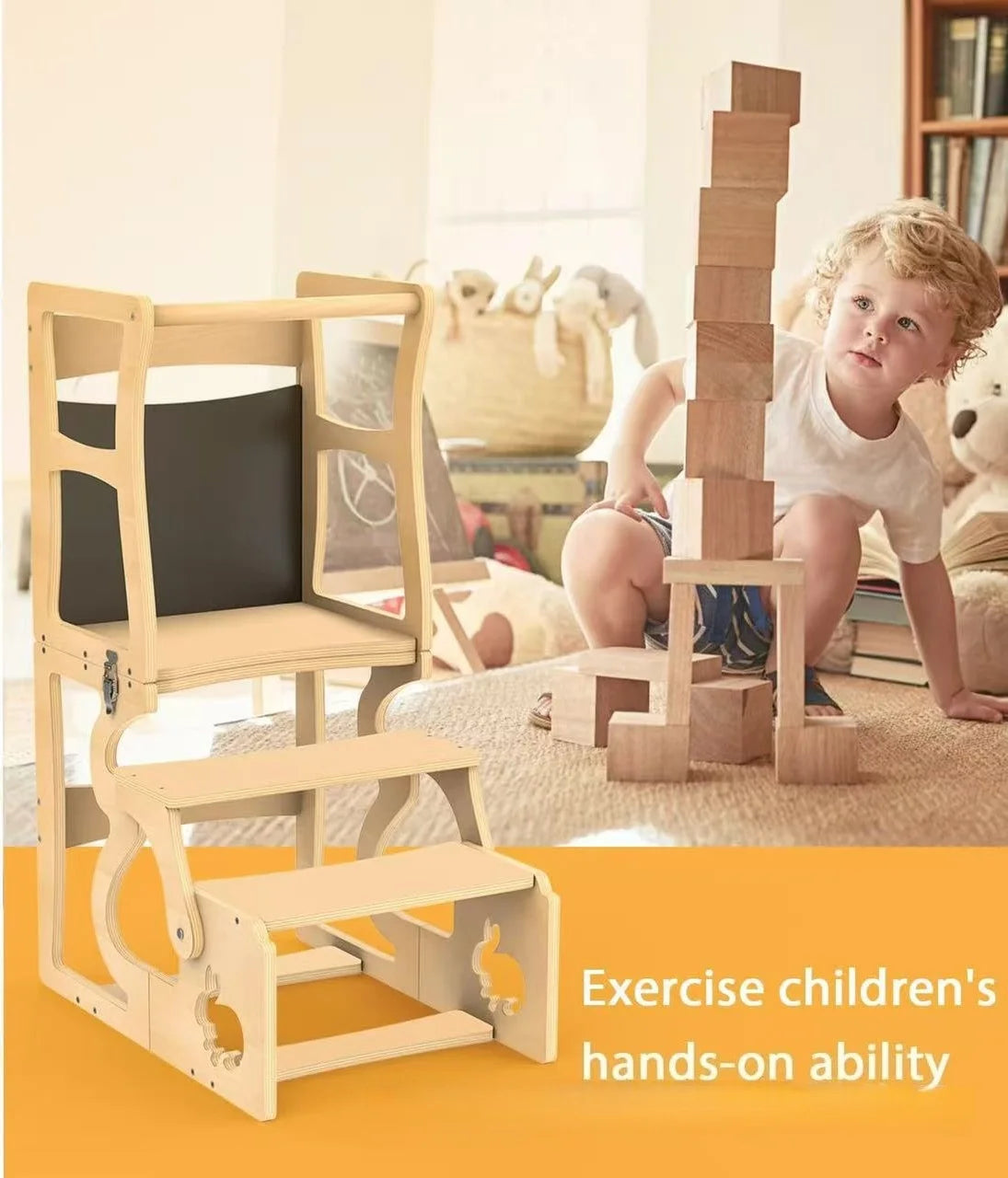 Montessori Learning Tower 4 in 1 Child Observation Tower Foldable with Blackboard Wooden Kids Kitchen Stool Gifts for Boys Girls 1-3 Years Old