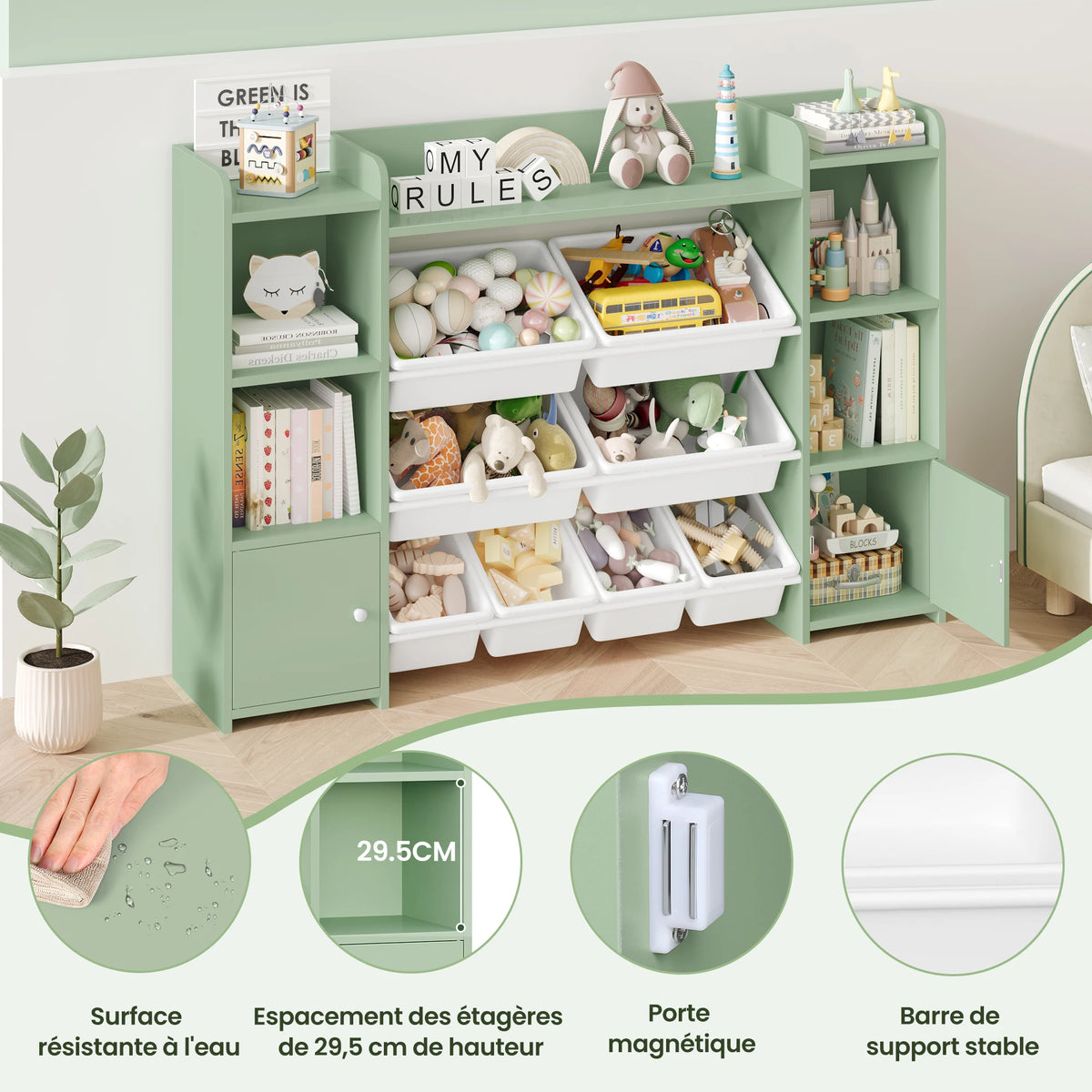 Getone Toy Storage Unit Children's Bookcase Toy Organiser Kids Storage with 8 Removable Boxes and Storage Shelves for Living Room Playroom Bedroom 138.8 x 29.6 x 94.3 cm