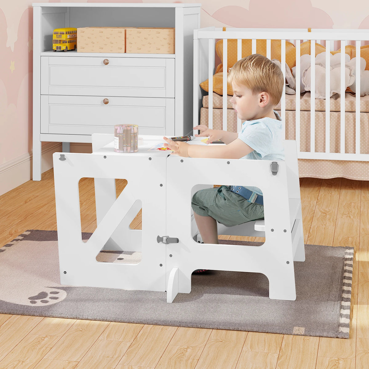 WOLTU 3-in-1 Step Stool Kids Children's Table Foldable Montessori Learning Tower for Children Kitchen Aid with Fall Protection