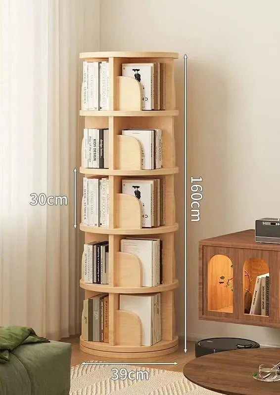 360 Degree Rotatable Solid Wood Bookshelf Simple Home Storage Rack Easy Assembly Living Room Bookcase for Household Use