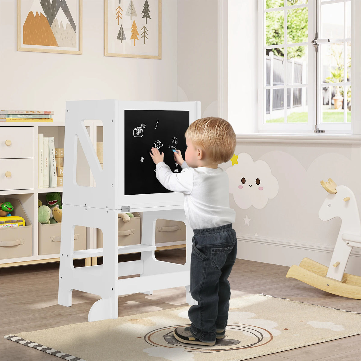 WOLTU 3-in-1 Step Stool Kids Children's Table Foldable Montessori Learning Tower for Children Kitchen Aid with Fall Protection