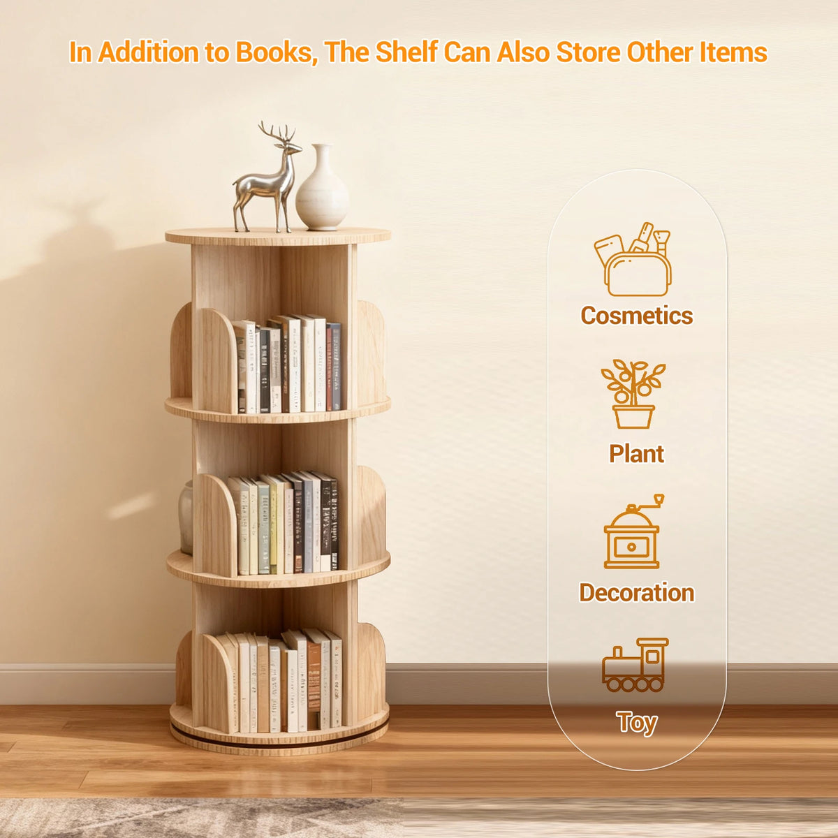 Solid Wood Rotating Bookcase, 360 Degree Standing Shelf, Floor Standing Bookcase, Multifunctional Organiser, Storage Shelf