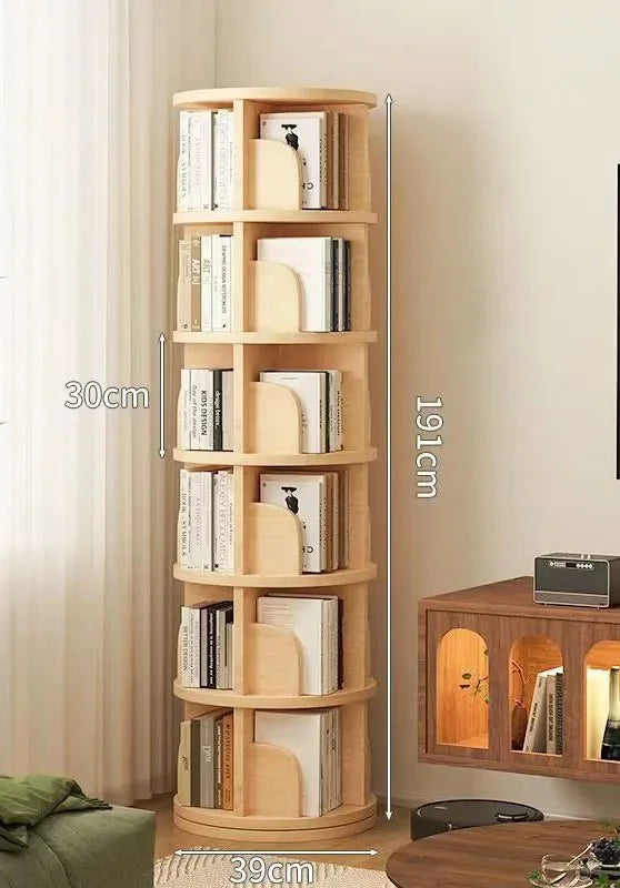 360 Degree Rotatable Solid Wood Bookshelf Simple Home Storage Rack Easy Assembly Living Room Bookcase for Household Use