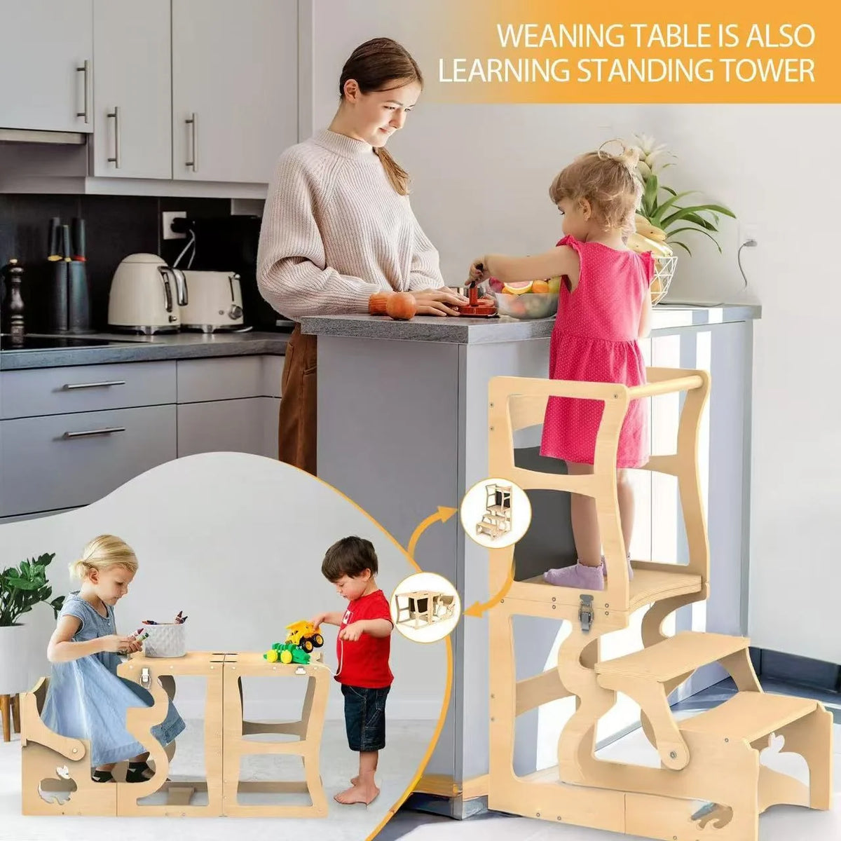 Montessori Learning Tower 4 in 1 Child Observation Tower Foldable with Blackboard Wooden Kids Kitchen Stool Gifts for Boys Girls 1-3 Years Old