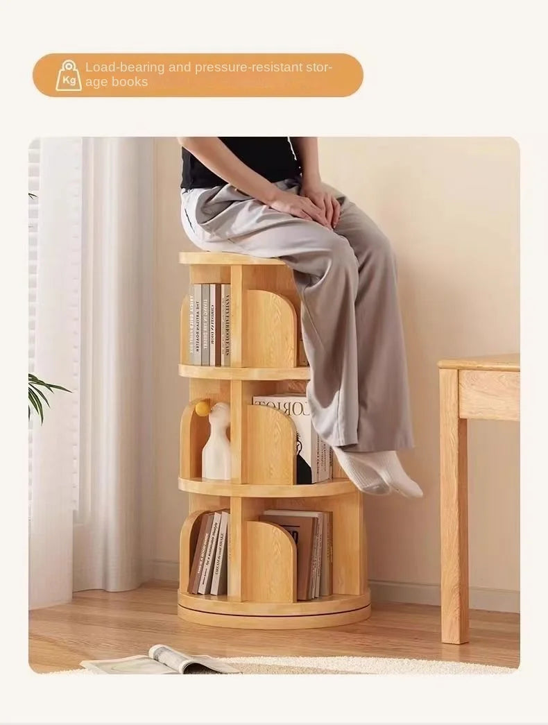 360 Degree Rotatable Solid Wood Bookshelf Simple Home Storage Rack Easy Assembly Living Room Bookcase for Household Use