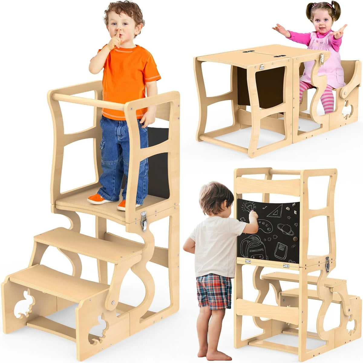 Montessori Learning Tower 4 in 1 Child Observation Tower Foldable with Blackboard Wooden Kids Kitchen Stool Gifts for Boys Girls 1-3 Years Old