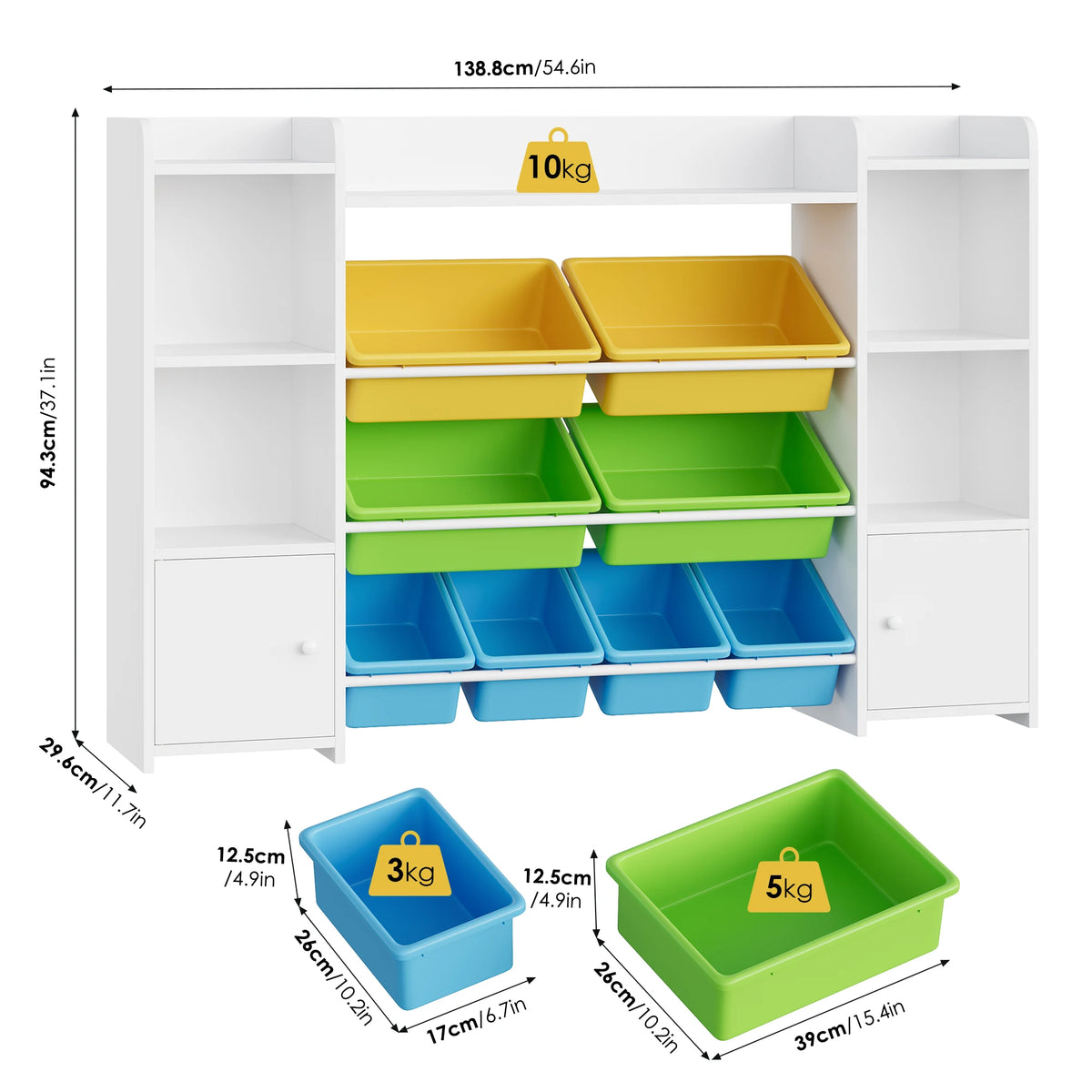 Getone Toy Storage Unit Children's Bookcase Toy Organiser Kids Storage with 8 Removable Boxes and Storage Shelves for Living Room Playroom Bedroom 138.8 x 29.6 x 94.3 cm