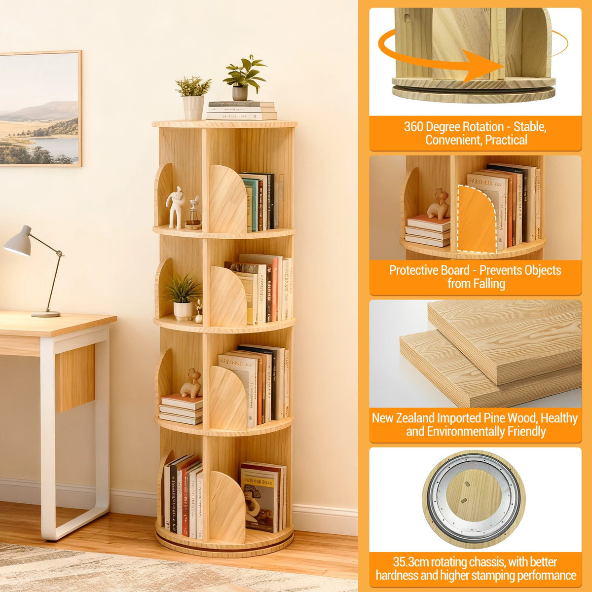 Solid Wood Rotating Bookcase, 360 Degree Standing Shelf, Floor Standing Bookcase, Multifunctional Organiser, Storage Shelf