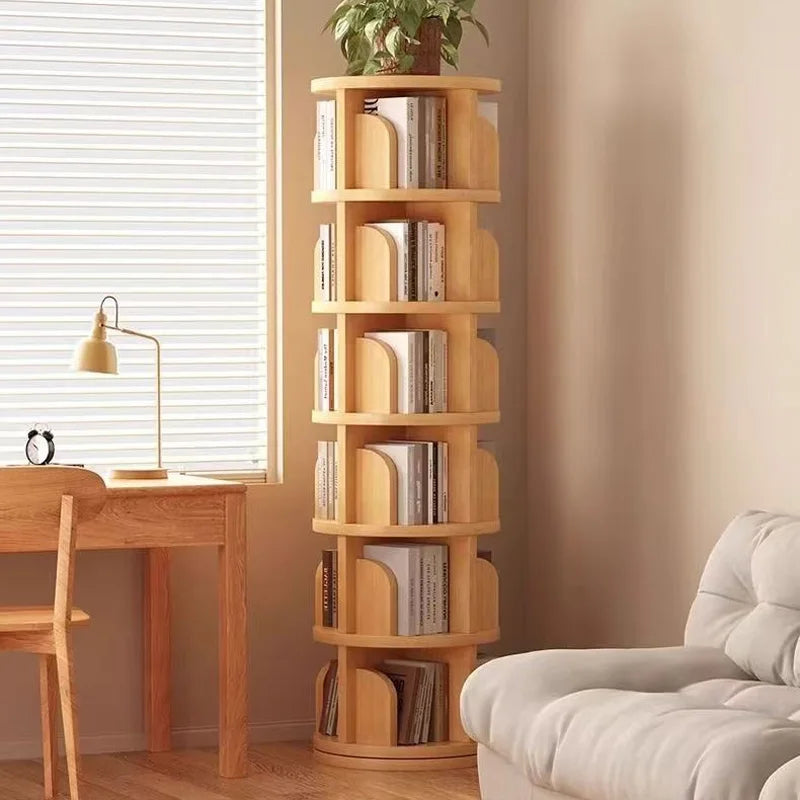 360 Degree Rotatable Solid Wood Bookshelf Simple Home Storage Rack Easy Assembly Living Room Bookcase for Household Use