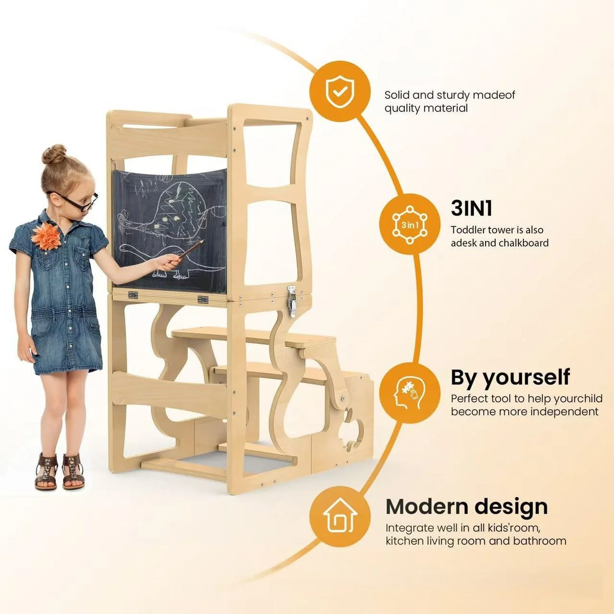 Montessori Learning Tower 4 in 1 Child Observation Tower Foldable with Blackboard Wooden Kids Kitchen Stool Gifts for Boys Girls 1-3 Years Old