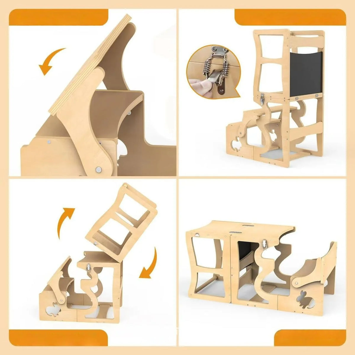 Montessori Learning Tower 4 in 1 Child Observation Tower Foldable with Blackboard Wooden Kids Kitchen Stool Gifts for Boys Girls 1-3 Years Old