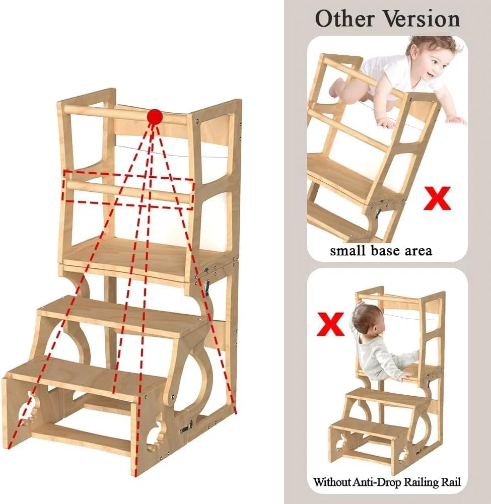 Montessori Learning Tower 4 in 1 Child Observation Tower Foldable with Blackboard Wooden Kids Kitchen Stool Gifts for Boys Girls 1-3 Years Old