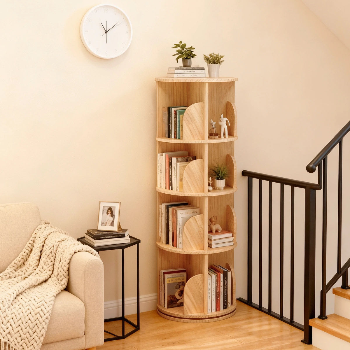 Solid Wood Rotating Bookcase, 360 Degree Standing Shelf, Floor Standing Bookcase, Multifunctional Organiser, Storage Shelf