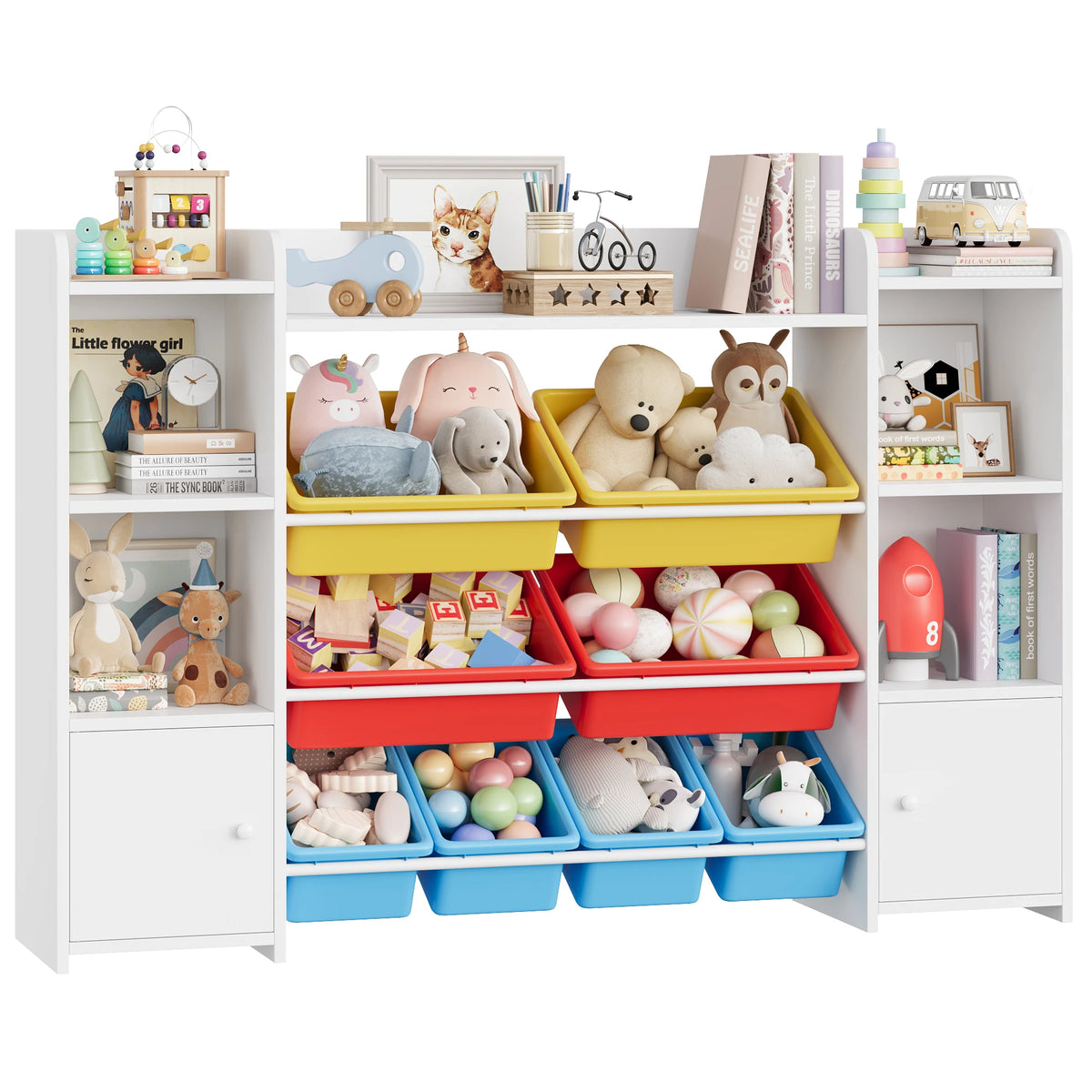 Getone Toy Storage Unit Children's Bookcase Toy Organiser Kids Storage with 8 Removable Boxes and Storage Shelves for Living Room Playroom Bedroom 138.8 x 29.6 x 94.3 cm